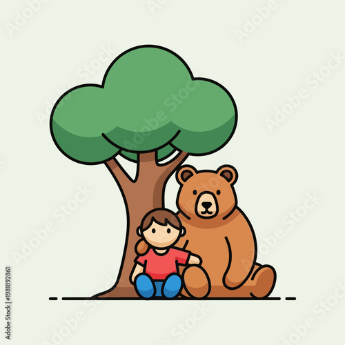Child and teddy bear companion in friendly illustration.
