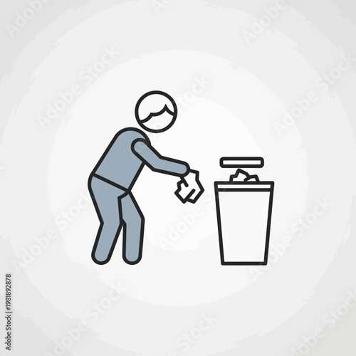 Simple illustration of a person disposing trash into a bin.