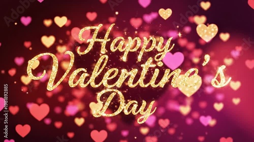 Valentines day greeting with glowing hearts and text on purple backdrop