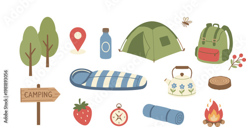 Minimalist outdoor camping gear set with tent backpack and campfire