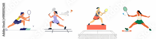 Set of flat vector illustrations of female athletes playing badminton in dynamic action poses on a white background.