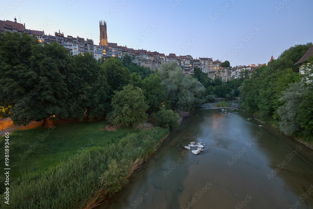 Fototapeta premium River with trees and grassy bank