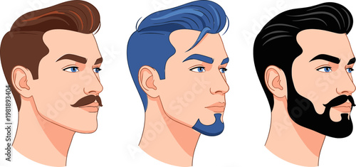 Male Hairstyle and Beard Style Set with Modern Trendy Haircuts and Facial Hair Variations for Barber, Grooming and Fashion Illustration Design