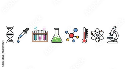 Science vector icons set, lab equipment illustration, chemistry icon and research symbol collection