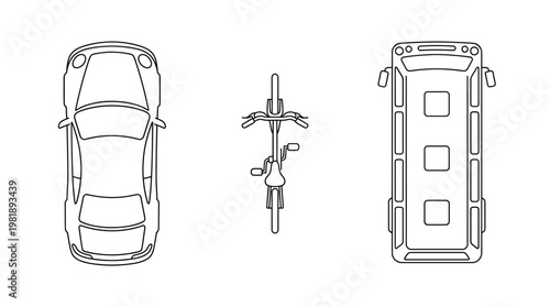 Top View Transport Symbols – Car, Bicycle, and Bus Outline Icon Set for Architectural Floor Plans