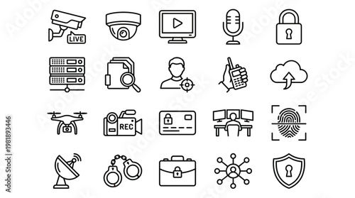 Surveillance monitoring line icon set. Vector pictograms of cctv, dome, detection, remote access, alert, intrusion warning, security, guard, thin linear illustration.