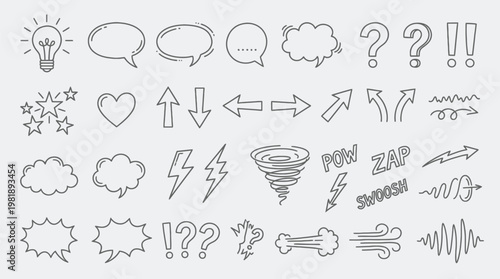 Comic design elements, manga expression, cartoon speech bubbles and emotion symbols, anime doodle elements collection