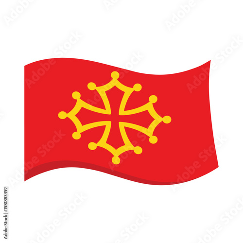 Flag of Occitania – Waving Red Banner with Gold Occitan Cross Symbol Illustration on White Background