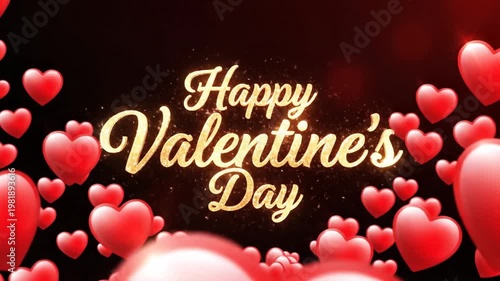 Valentines day greeting with red hearts and sparkling text on black