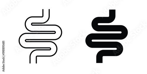 Intestine icon in black and white color. Solid and linear icons