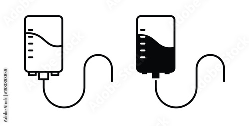 IV bag icon in black and white color. Solid and linear icons