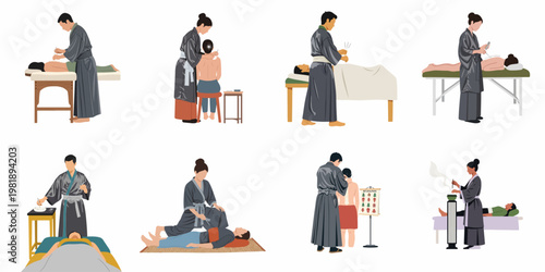 Flat illustrations of various traditional Chinese medicine and acupuncture therapy scenes with professional practitioners and patients on a white background.