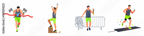 Vector illustration set of a male marathon runner crossing the finish line, celebrating on a podium, and holding a winner medal.