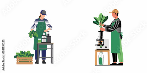 Flat vector illustration of a man and woman in aprons making healthy green juice with professional cold press juicers.