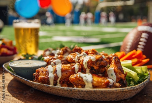 Tray of crispy chicken wings drizzled with creamy ranch dressing served with celery and carrot sticks at outdoor gathering