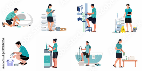 Flat illustration set of professional spa and float center staff performing maintenance, water testing, cleaning, and inventory tasks in a wellness facility.