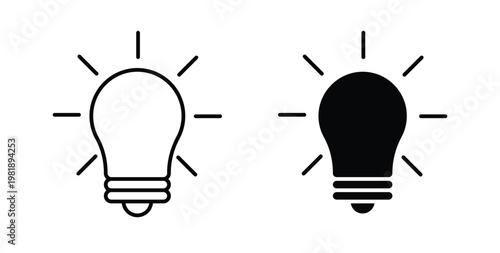 Light bulb icon in black and white color. Solid and linear icons