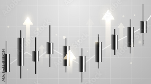 Uptrend financial candlestick chart with glowing arrows on a grid background.