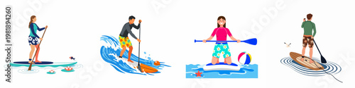 Diverse collection of vector illustrations showing men and women enjoying stand-up paddleboarding on calm waters and ocean waves during summer vacation.