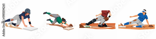 Set of female softball players sliding and diving into base, flat vector illustration collection on white background