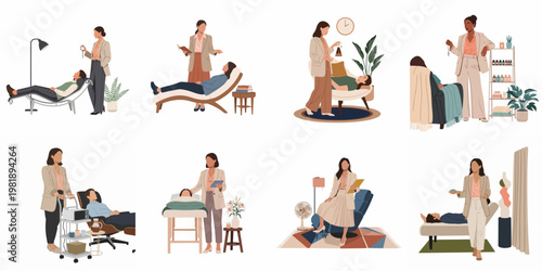 Flat vector illustration collection featuring professional women conducting therapy, hypnosis, and wellness sessions with clients in various calm, modern interior settings.