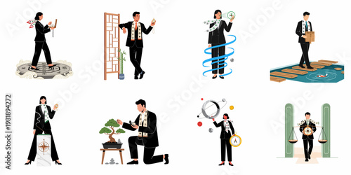 Set of business professionals integrating traditional East Asian wisdom, Feng Shui, and spiritual practices into modern corporate life and decision making.
