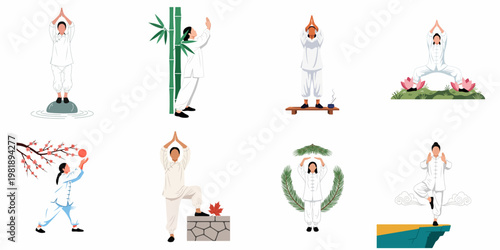 Collection of illustrations showing women practicing Tai Chi and Qigong meditative poses in various nature-themed settings for health, balance, and mindfulness.