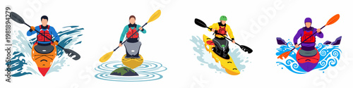 Set of four flat vector illustrations featuring men and women kayaking through various water conditions, including rapids and calm waves.
