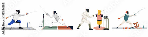 Flat vector illustration set showcasing various fencing training and competition scenes with athletes in full protective gear and equipment.