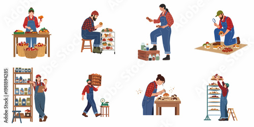 Illustrations of people processing, sorting, drying, and preserving various wild mushrooms, showcasing traditional agricultural and foraging practices in a clean flat design style.