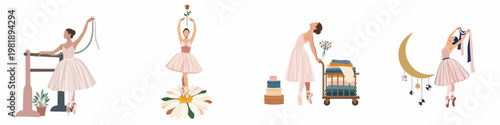 Elegant set of four minimalist ballerina illustrations in pink tutus, featuring themes of practice, flowers, laundry, and celestial dreams on a white background.