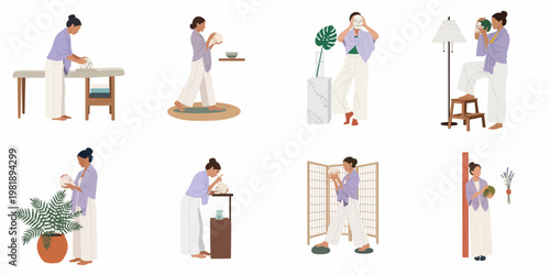 Minimalist Flat Illustration Collection of a Woman Interacting with a Human Skull in Various Indoor Settings