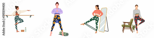 Flat vector illustration of women practicing various home workouts, including yoga, barre, and resistance training, while wearing colorful floral print leggings.