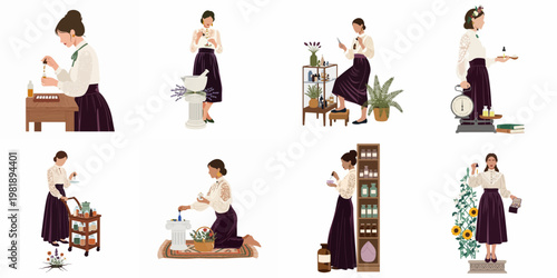Collection of vintage style illustrations featuring a female herbalist working with botanical extracts, essential oils, and apothecary tools in various scenes.