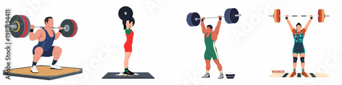 Set of flat vector illustrations featuring diverse male and female weightlifters performing squats and overhead lifts with heavy barbells during a competition.