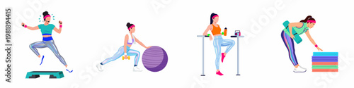 Set of female fitness character illustrations performing various exercises like aerobics, step, yoga, and lifting weights in a retro style.