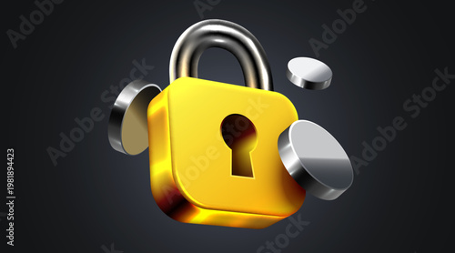 Shiny golden padlock with floating metallic discs.