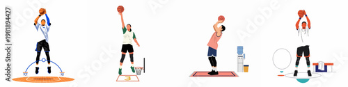 Set of flat vector illustrations showing diverse basketball players in various shooting poses, practicing their skills in a minimalist style on white.