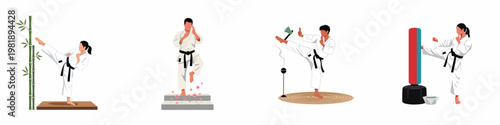 Set of flat illustrations featuring karate practitioners performing various martial arts moves, training with equipment, and demonstrating discipline in different serene and active settings.