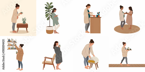 Minimalist flat illustration collection of pregnant women in earthy tones depicting healthy morning routines self care and domestic life in a cozy home environment