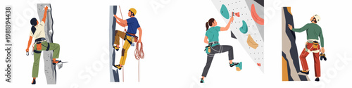 Flat vector illustration set of men and women rock climbing outdoors and indoors, featuring professional climbing gear and various climbing techniques.
