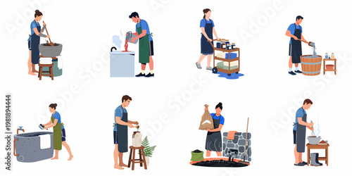 Flat vector illustrations of artisans performing various stages of traditional fabric dyeing and organic craft production in a workshop setting.