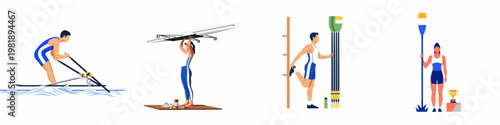 Flat vector illustrations of male and female rowers during training, carrying a boat, stretching, and celebrating a win with a trophy.