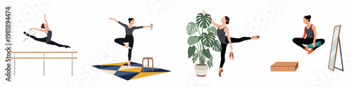 Minimalist flat vector illustration set of a woman practicing ballet, yoga, and stretching in different home and studio settings.