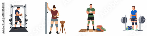 Set of flat vector illustrations showing male and female powerlifters preparing for heavy lifts with gym equipment like squat racks, barbells, and chalk.