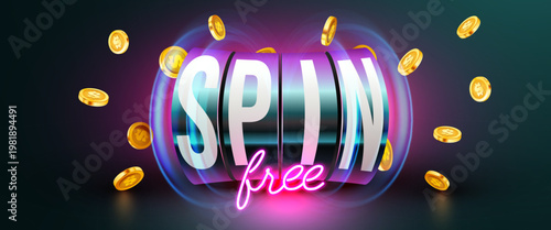 Free spin slot machine with falling golden coins and glowing neon lights on a dark background. Vector illustration