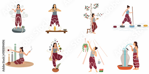 Illustrated collection of a woman practicing various mindfulness, meditation, and sensory wellness techniques for holistic health and spiritual well-being.