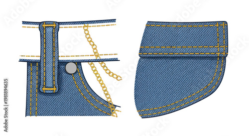 Denim Jeans Pocket Detail with Gold Chain Accent and Button Closure