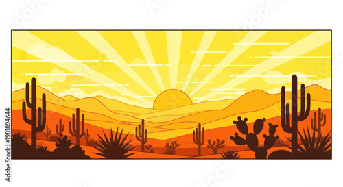 Desert Landscape at Sunset with Cacti and Mountains in Warm Golden Hues