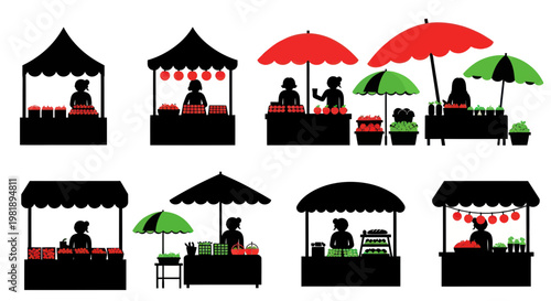 Street Market Stalls with Vendors and Produce, Diverse Booths, Outdoor Commerce